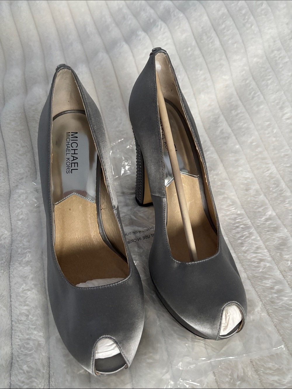 MICHAEL Michael Kors Silver Satin Peep-Toe Heels